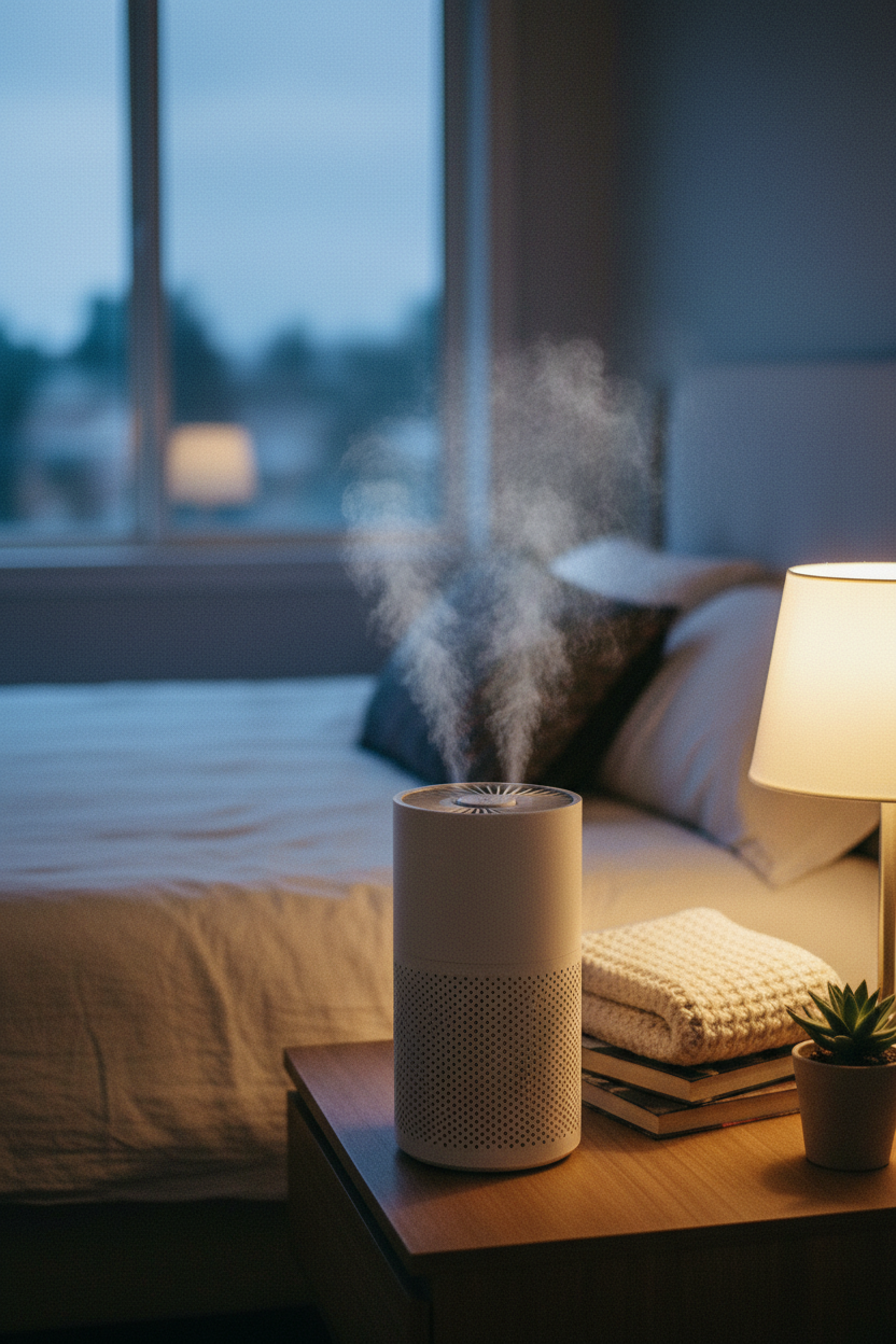 Air Purifier In-Use Lifestyle – Bedroom at Dusk