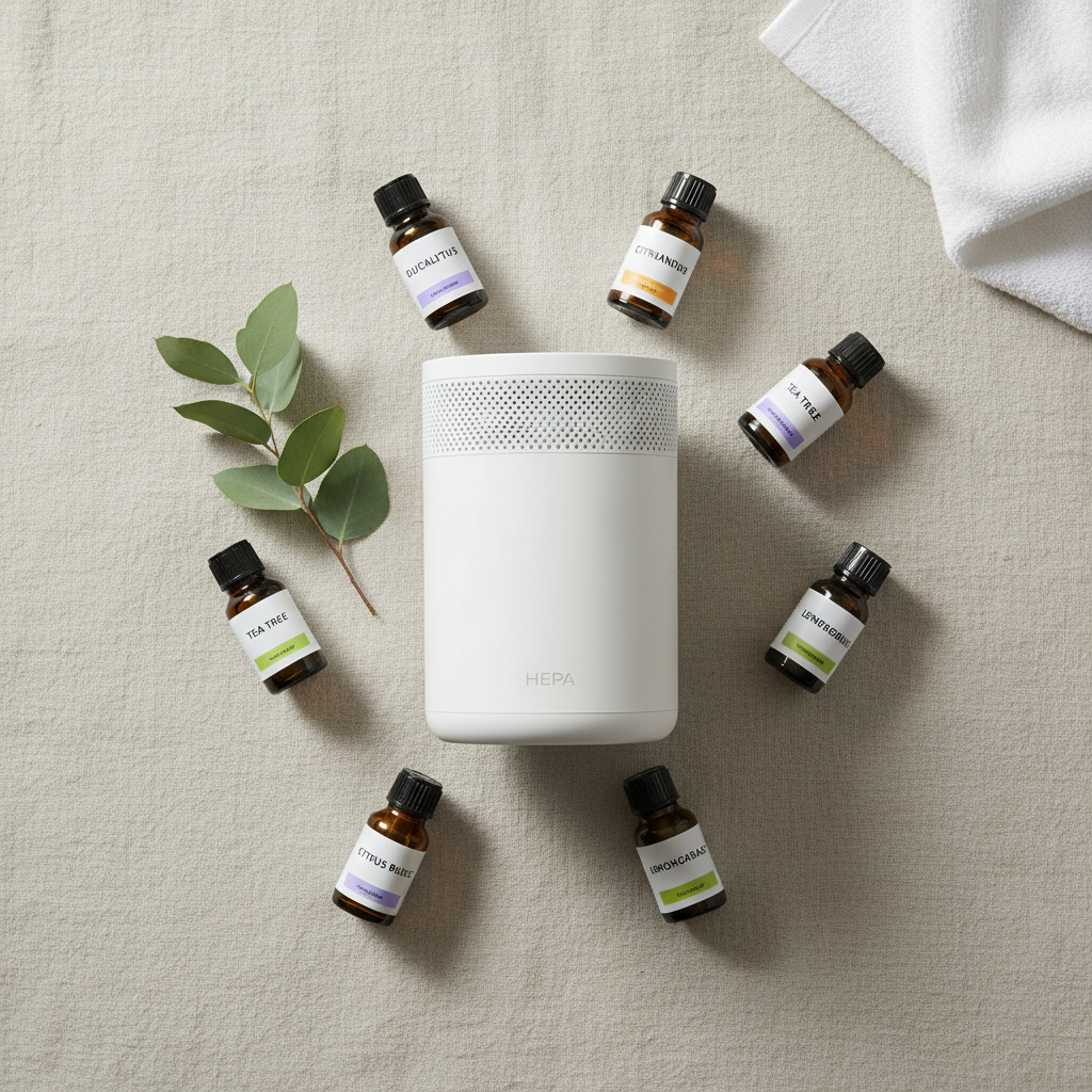Air Purifier with 6-Pack Essential Oils – Flat Lay